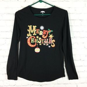 Holiday Time Merry Christmas black glitter top Small